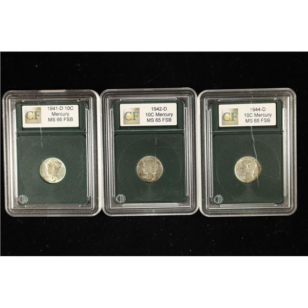 3 ASSORTED MERCURY DIMES: 1941-D MS66 FSB, 1942-D