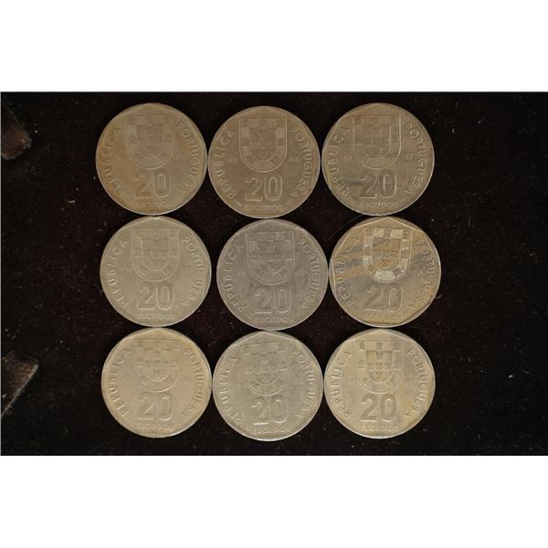 9 PORTUGAL 20 ESCUDOS COINS, DATES RANGE