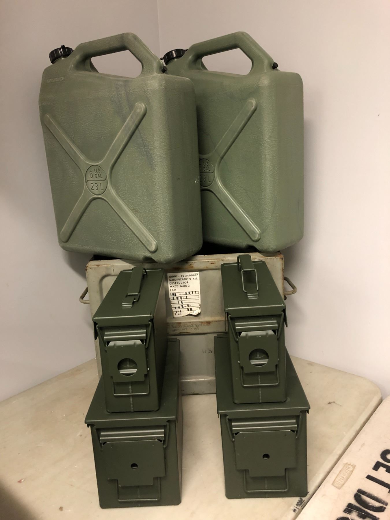 Group of 5 military ammo boxes & 2 military plastic gas containers ...