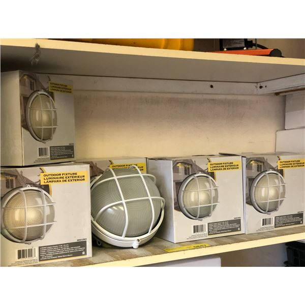 Group of 9 "New" outdoor light fixtures w/ white metal cage cover (From the superhero show)