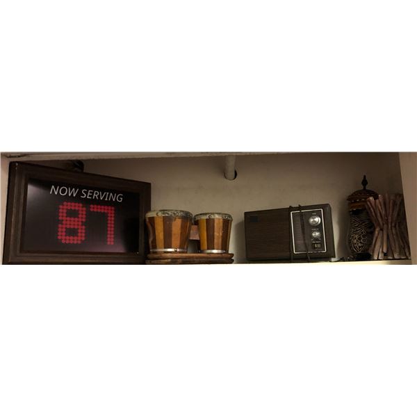 Shelf lot set Dec Props - bong drums / now serving sign / portable radio / lidded jar / twig candle 
