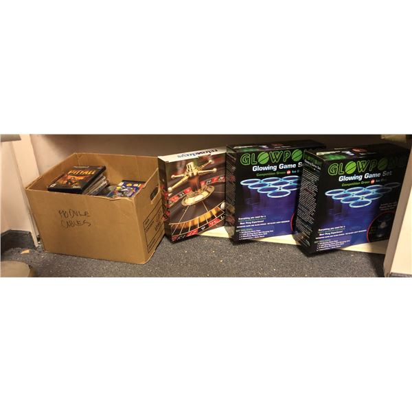 Box of dvds, cd's, PC games & 3 board games - roulette / glow pong (From the superhero show)