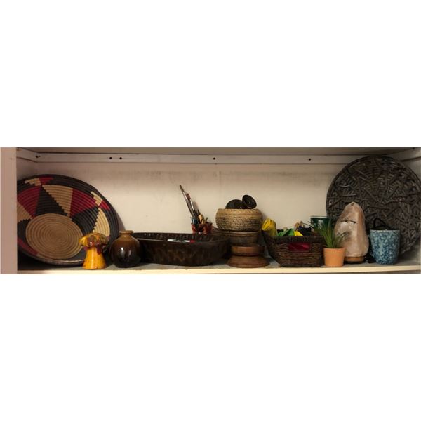 Shelf of assorted set Dec Prop - baskets / pottery pcs. himalayan salt lamp / paint brushes etc (Fro