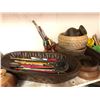 Image 3 : Shelf of assorted set Dec Prop - baskets / pottery pcs. himalayan salt lamp / paint brushes etc (Fro