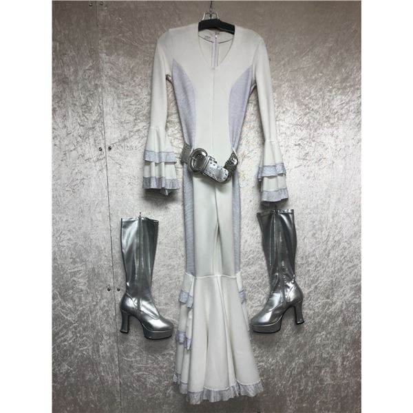 "Superhero Show - Season 3 Ep. 11" - #2 Hero - White & Silver 1970's jumpsuit w/flared arm cuffs & h