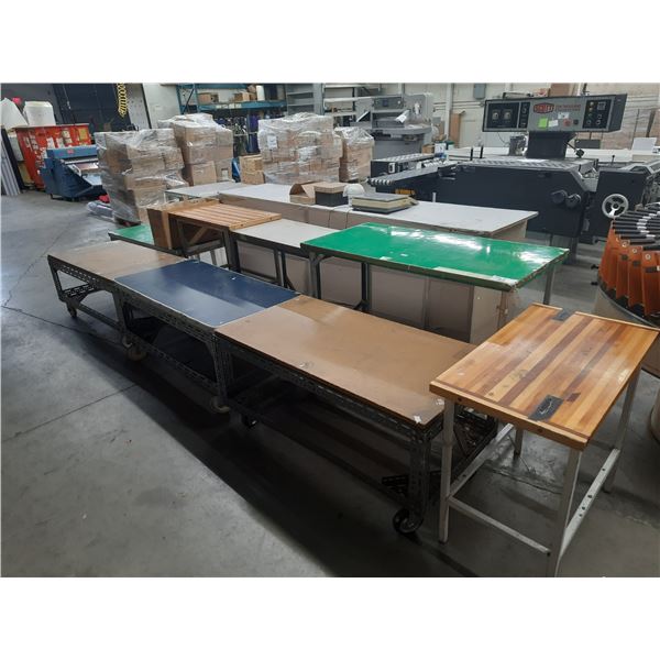 9 ASSORTED MOBILE AND STATIONARY WORK TABLES