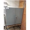 Image 1 : GREY METAL 2 DOOR STORAGE CABINET AND REMAINING CONTENTS