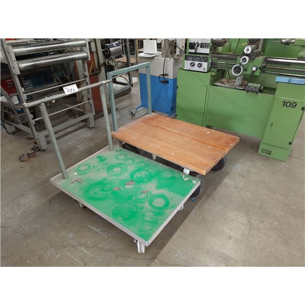 2 ASSORTED 4 WHEELED INDUSTRIAL FLAT DECK PRODUCT CARTS