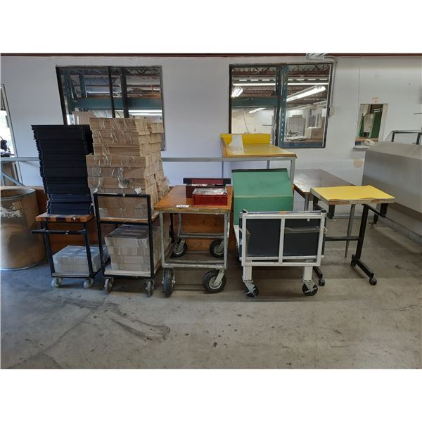 6 ASSORTED STATIONARY/MOBILE TABLES AND PRODUCT CARTS WITH REMAINING ...