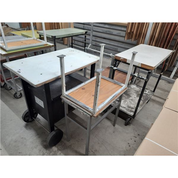 5 ASSORTED STATIONARY/MOBILE WORK TABLES AND PRODUCT CARTS