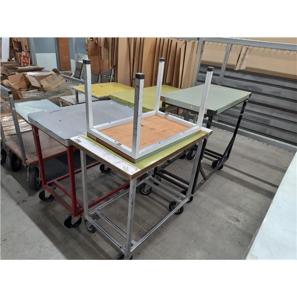 5 ASSORTED STATIONARY/MOBILE WORK TABLES AND PRODUCT CARTS