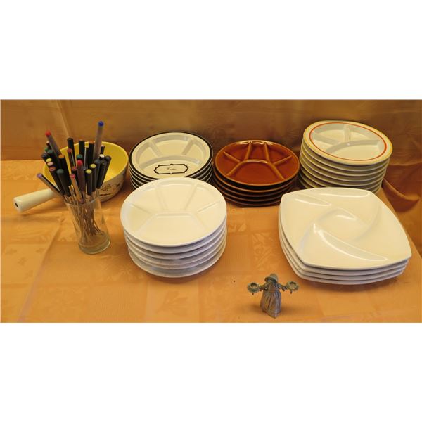 Misc Multi-Section Partition Plates,  Cuoco Bowl w/ Handle, Fondue Forks, etc