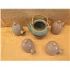 Image 2 : Qty 4 Abstract Tea Mugs w/ Handles & Lid & Ceramic Tea Pot w/ Woven Handle (no lid)
