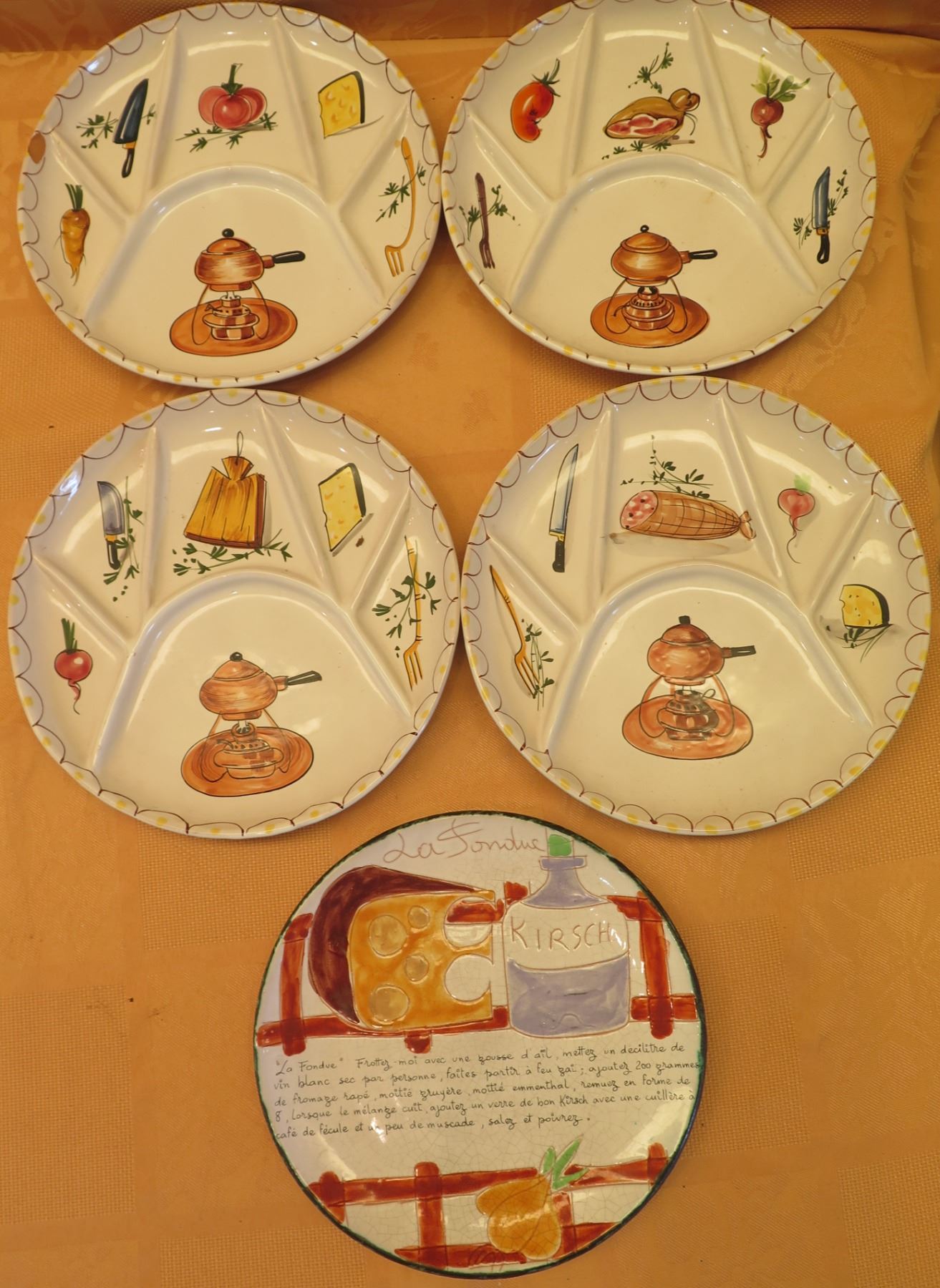 Write Plate Qty 4 Multi-Section Fondue Motif Plates & La Fondue w/ French Writing ...