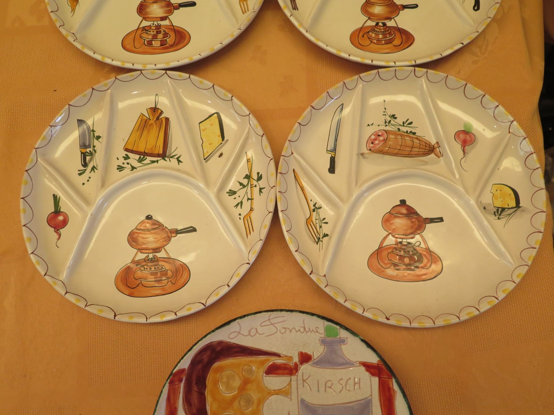 Write Plate Qty 4 Multi-Section Fondue Motif Plates & La Fondue w/ French Writing ...