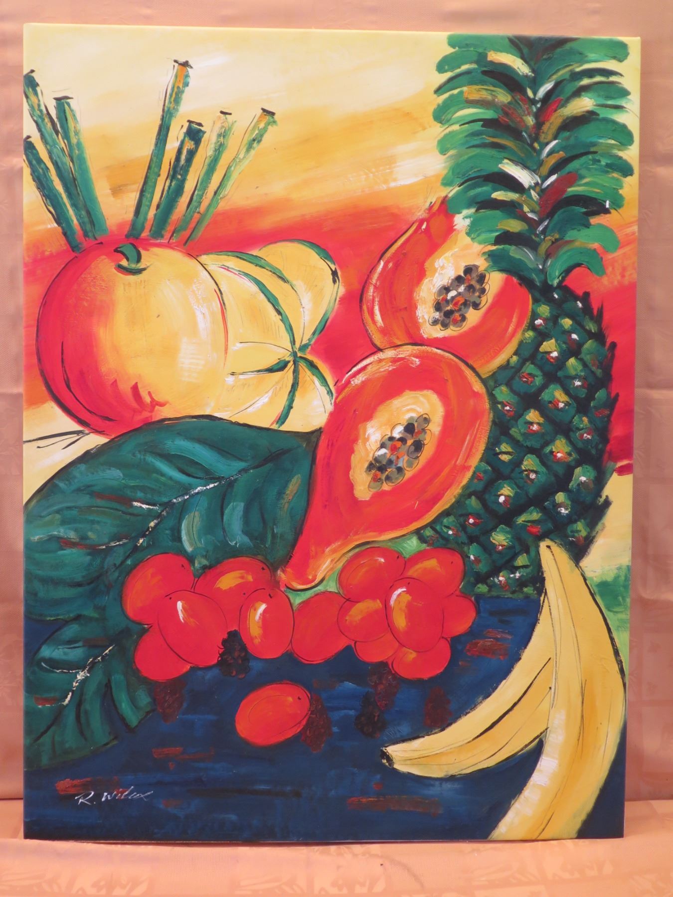Painter R. Wilcox Large Tropical Fruit Artwork Signed R. Wilcox, Unframed 36