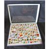Image 1 : Multiple Collectible Pins: Sports, Food, Places, Cartoons, etc in Display Case 16"L