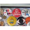 Image 8 : Multiple Collectible Pins & Coins: Events, Places, Cartoons, etc in Display Case 16"L
