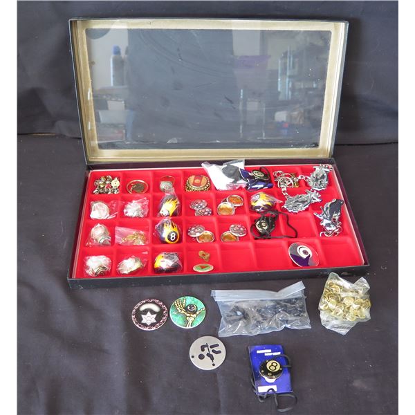 Multiple Rings, Pins, Pin-Backs, Billiard Theme, Key Rings, etc in Multi-Section Case
