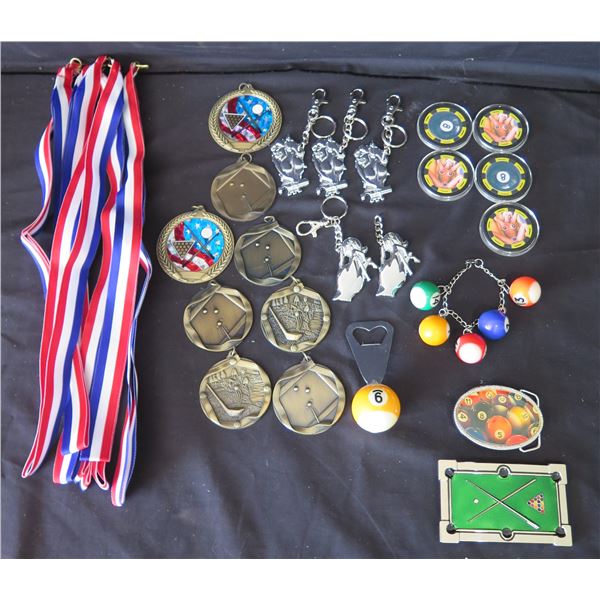 Multiple Medals, Key Rings, Belt Buckles, Bottle Openers & Lanyards: Billiards, Golf, etc