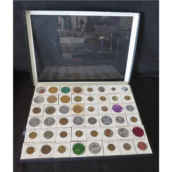 Multiple Medals, Tokens & Coins:  Souvenir Places, People, Events, Businesses, etc in Display 16"L