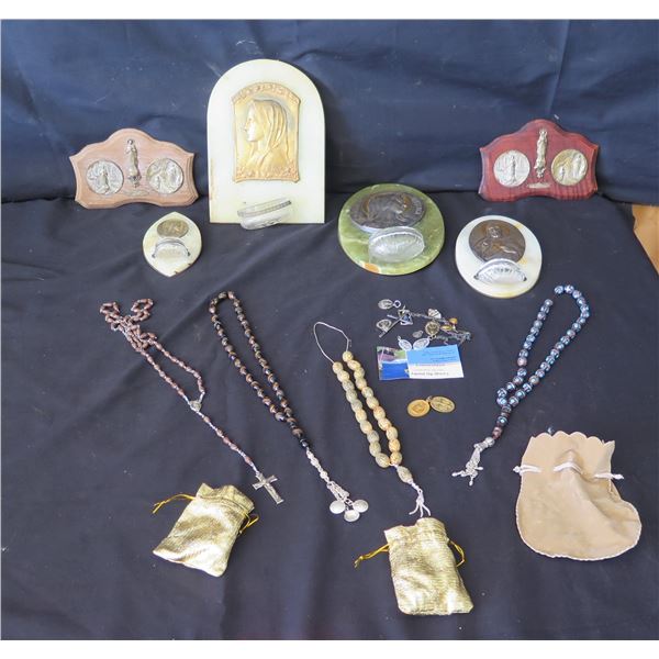 Multiple Religious Plaques (some Signed), Prayer Beads, Medals, Crosses, Rosaries, etc