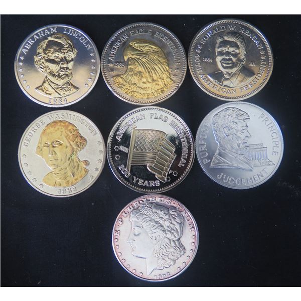 Qty 7 Coins:  1892 Dollar, Lincoln, Washington, Reagan, Bi-Centennial, etc