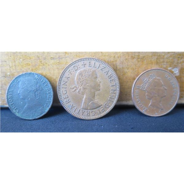 Qty 3 Coins:  Queen Elizabeth Penny & Half Penny, Victoria Half Cent