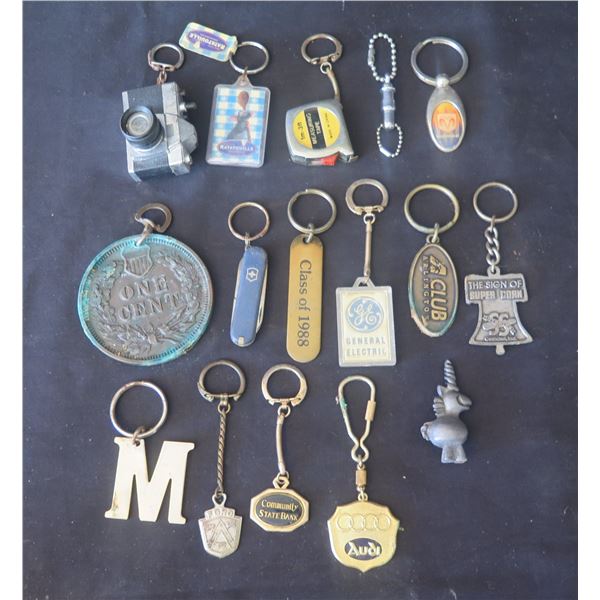 Multiple Collectible Keychains: Camera, GE, Class of 1988, Pocket Knife, Penny, etc