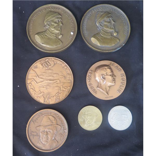 Qty 7 Medals & Coins: Jacques Cousteau, Jean Moulin, etc - Some Marked