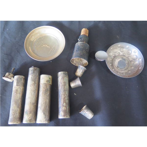 Multiple Metal Pieces: Cylinders, Thimbles, Ashtray, etc, Some Marked