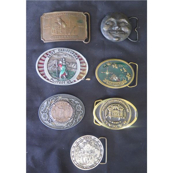 Qty 7 Belt Buckles: Colorado, Saint Christopher, Hawaii, Texas, etc
