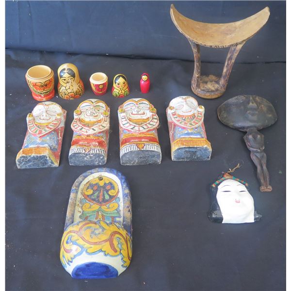 Multiple Nesting Dolls, Curved Stand, Tikis, Wooden Statue, etc