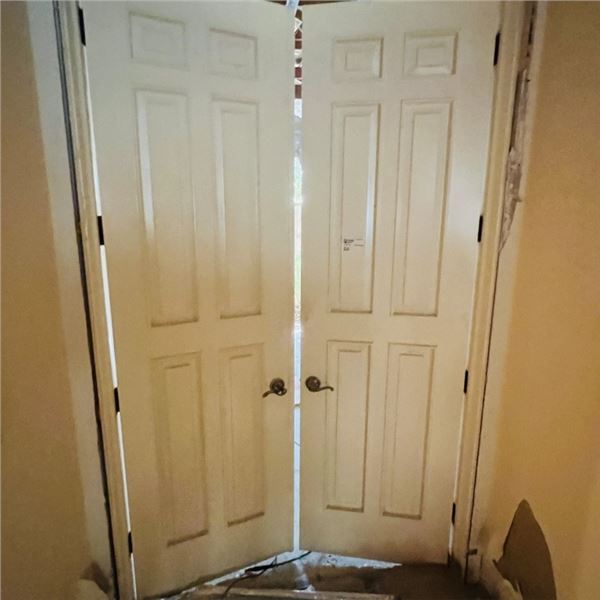 SOLID WOOD  DOUBLE DOOR WITH FRAME DOOR APPROX 56.25" X 95." SEE PHOTOS ITEMS WILL BE REMOVED AND RE