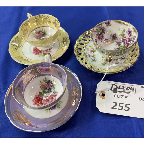 3 LUSTER WARE TEA CUPS AND SAUCERS SEE PHOTOS