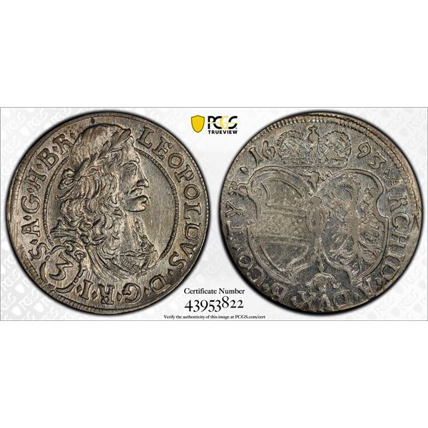 AUSTRIA: Leopold I, 1657-1705, AR 3 kreuzer, Hall, 1693, PCGS MS63