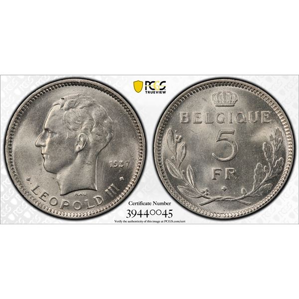 BELGIUM: Léopold III, 1934-1951, 5 francs, 1937, PCGS MS63