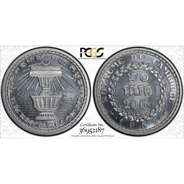 CAMBODIA: Norodom Sihanouk, 1941-1955, 20 sen, 1953, PCGS Specimen 67