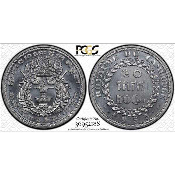 CAMBODIA: Norodom Sihanouk, 1941-1955, 50 sen, 1953, PCGS Specimen 67+