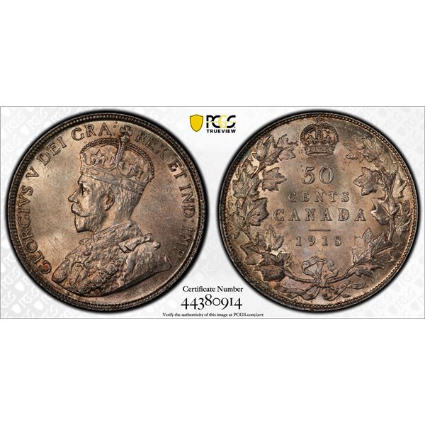 CANADA: George V, 1910-1936, AR 50 cents, 1918, PCGS MS62