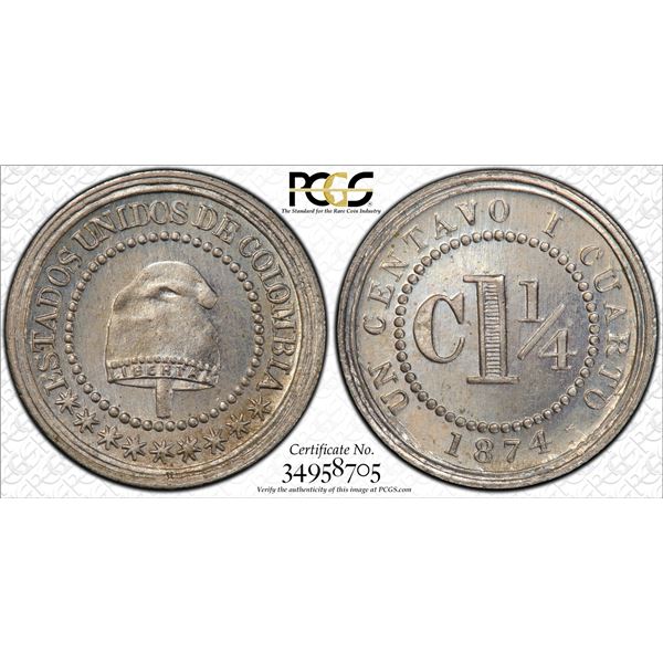 COLOMBIA: Republic, 1¼ centavos, 1874, PCGS MS66