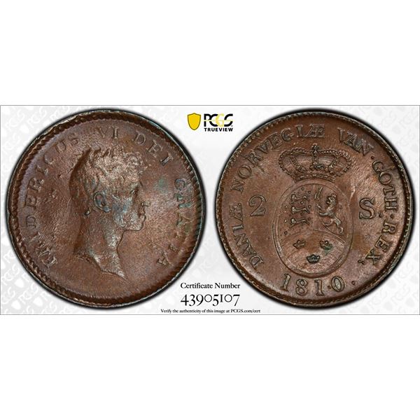 DENMARK: Frederik VI, 1808-1839, AE 2 skliing, 1810, PCGS MS64 BN