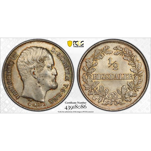 DENMARK: Frederik VII, 1848-1863, AR ½ rigsaler, 1855, PCGS MS63