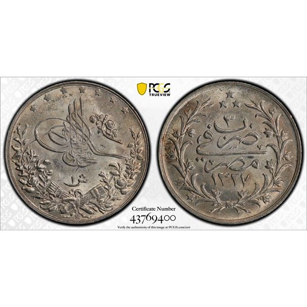 EGYPT: Mohammad V, 1909-1914, AR qirsh, Misr, AH1327 year 3, PCGS MS64