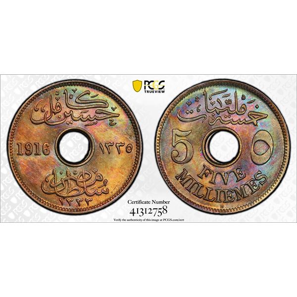 EGYPT: Hussein Kamel, 1914-1917, 5 miliemes, 1916/AH1335, PCGS MS64
