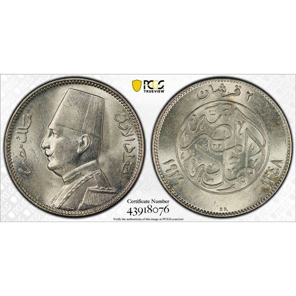 EGYPT: Fuad I, as King, 1922-1936, AR 2 piastres, 1929/AH1348, PCGS MS64
