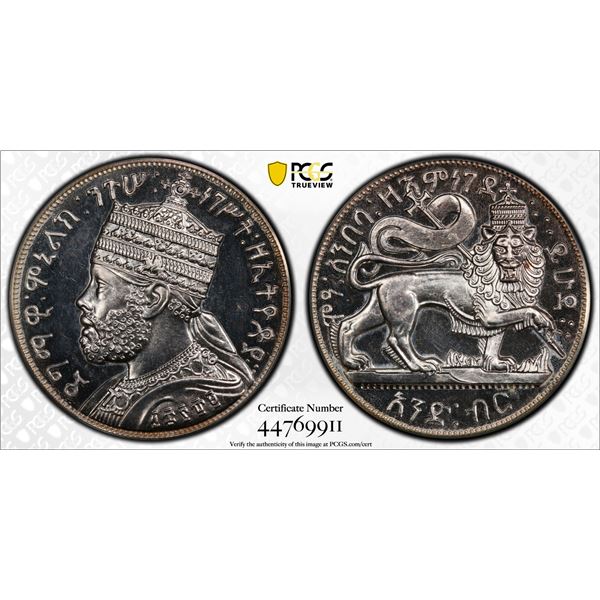 ETHIOPIA: Menelik II, 1889-1913, AR birr, EE1889 (1897), PCGS Proof 65