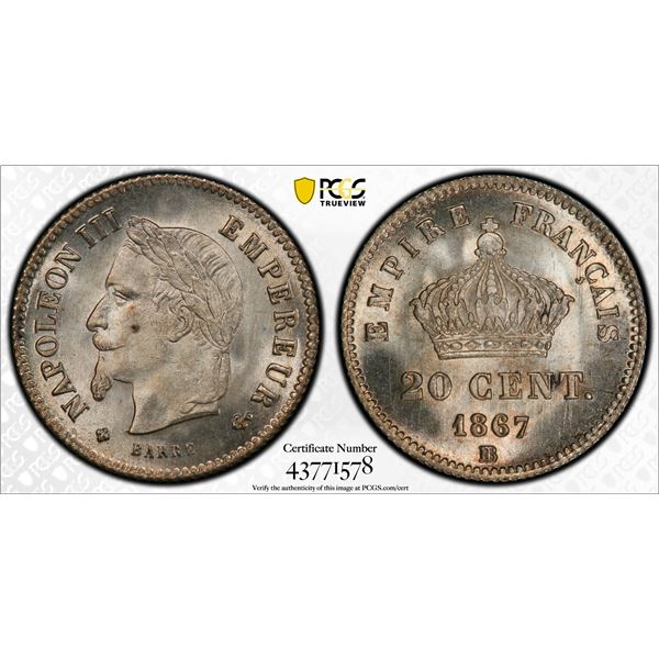 FRANCE: Napoleon III, 1852-1870, AR 20 centimes, 1867-BB, PCGS MS66
