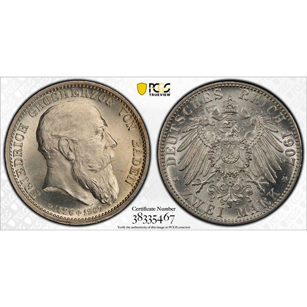 BADEN: Friedrich I, as Grand Duke, 1856-1907, AR 2 mark, 1907, PCGS MS65