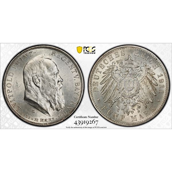 BAVARIA: Luitpold, Prince Regent, 1886-1912, AR 5 mark, 1911-D, PCGS MS62